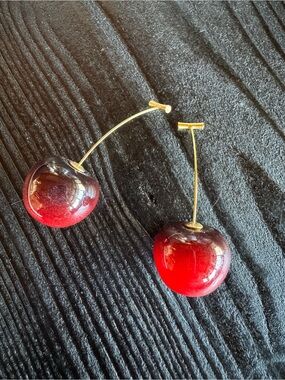 Gold Stem Red Cherry Drop Earrings - Women Jewelry